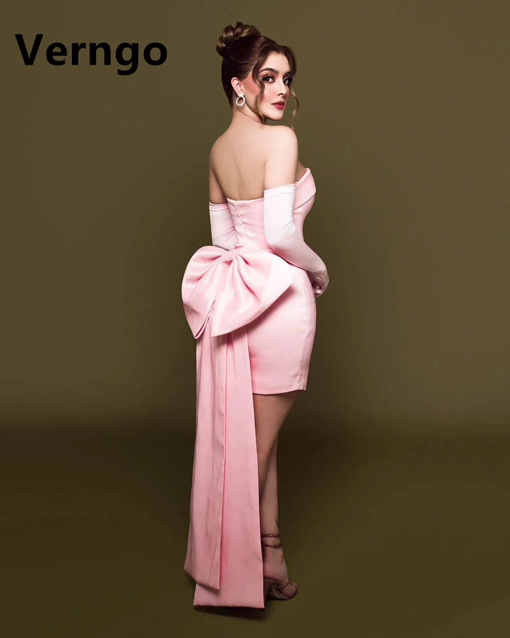 Verngo Pink Satin Mini Evening Dress 2024 Strapless Bow Back Prom Gown With Gloves Women Simple Birthday Party Dress Customized