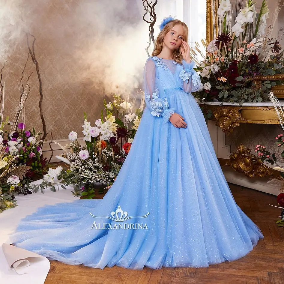 Vestido de flores azul cielo claro para niñas, vestidos de noche de encaje para boda, fiesta de princesa para niños, vestidos para sesión de fotos, cumpleaños de niña