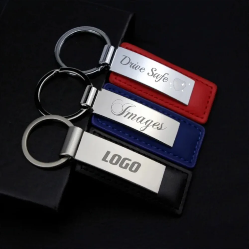 10Pcs Customized PU Leather Keychain For Men  Women Metal Car Logo Key Chain Pendant Gift Laser Engraving Retro Vintage Keyring