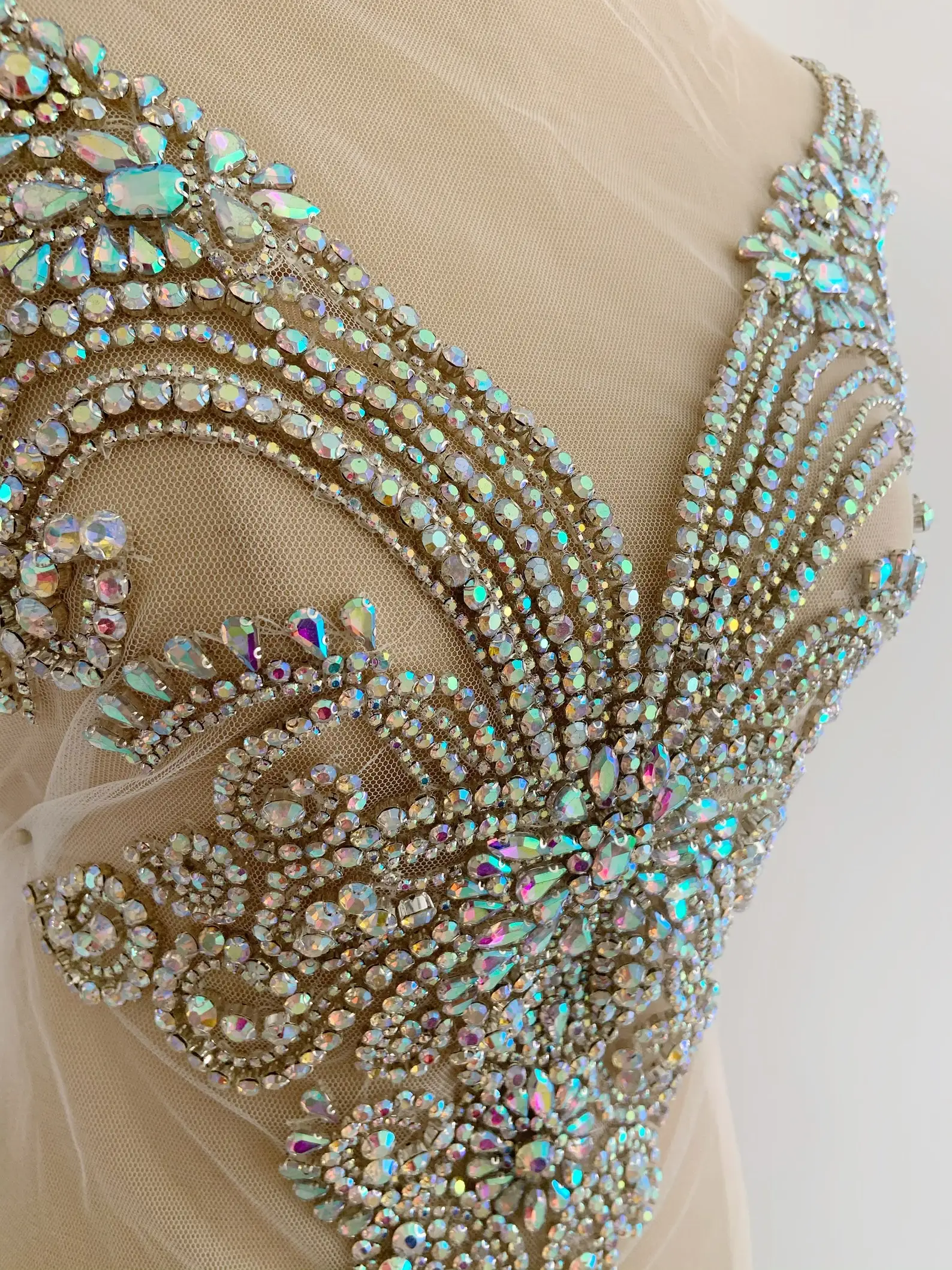 Iridescent Rhinestone Applique with Sweetheart Neckline For Corset Costume Haute Couture