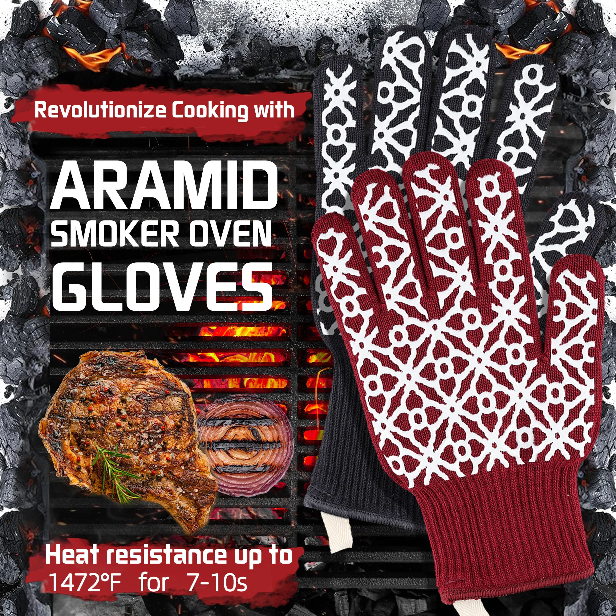 BBQ Gloves Heat Resistant and Cut-Resistant Gloves,Silicone Non-Slip Kitchen Gloves for BBQ Cooking