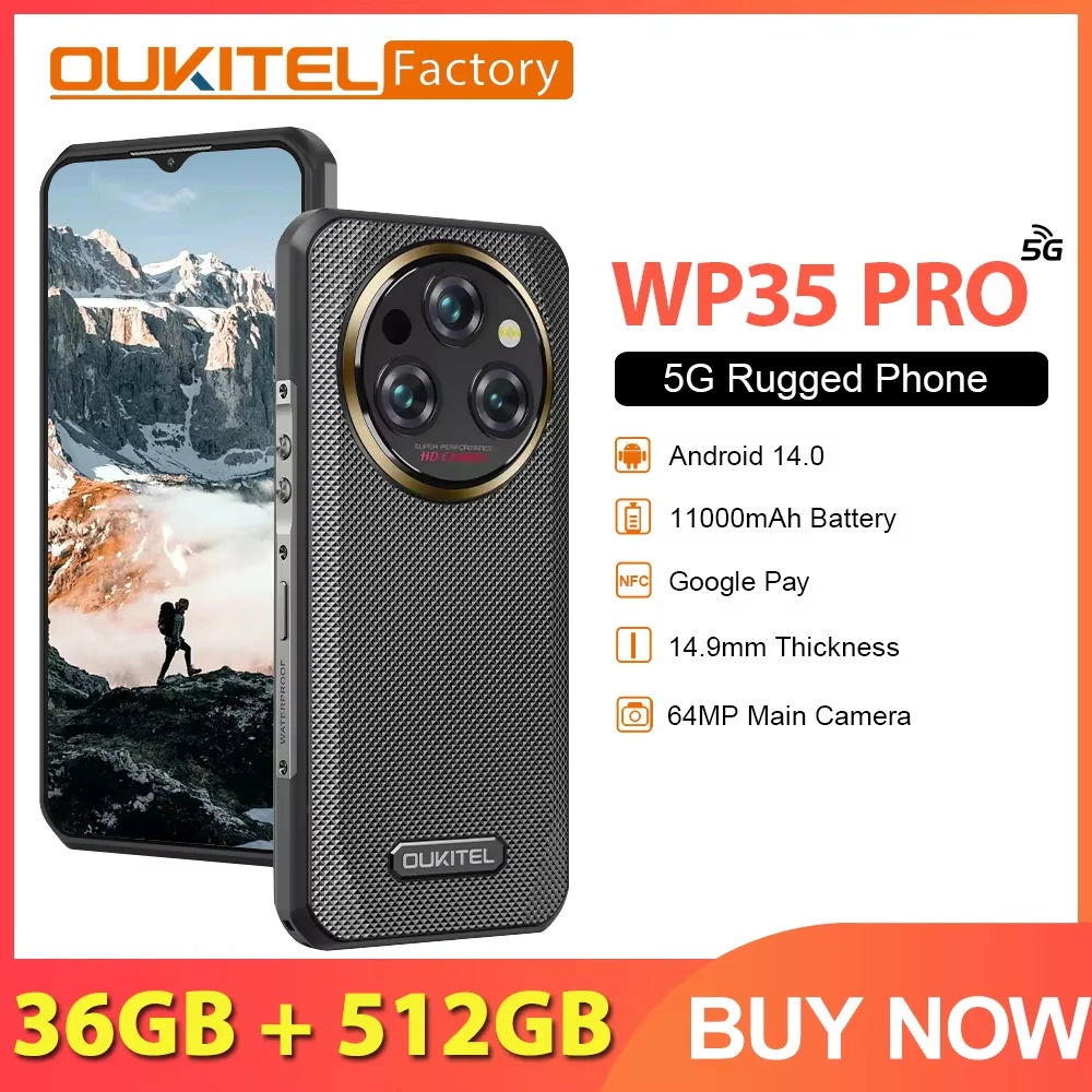 Oukitel WP35 PRO 5G Rugged CellPhone Andiron 14 11000mAh 36GB+512GB 6.6