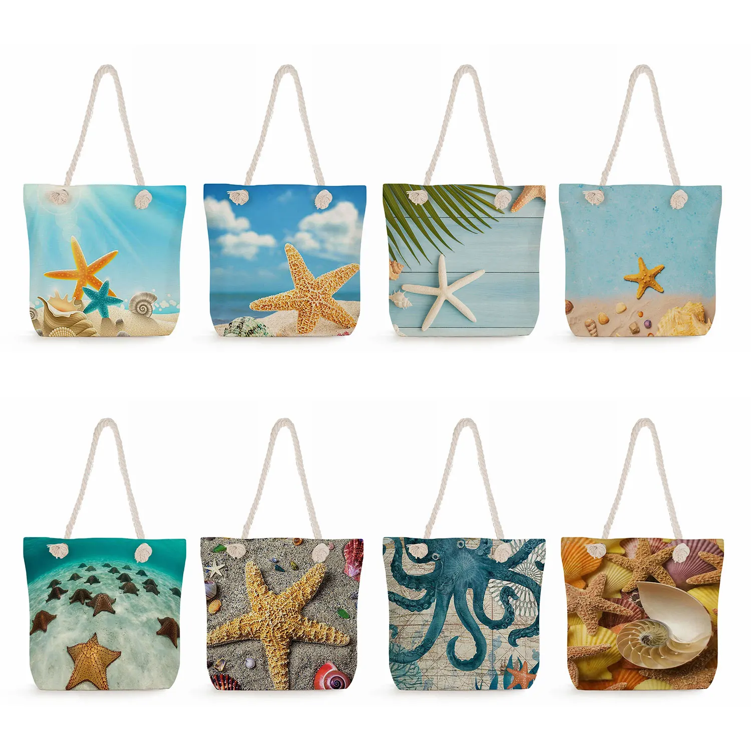 

Fashion Starfish Print Handbags Thick Rope Women Tote Bag Eco Reusable Shopper Bag Summer Shoulder Bag High Quality Beach Bags