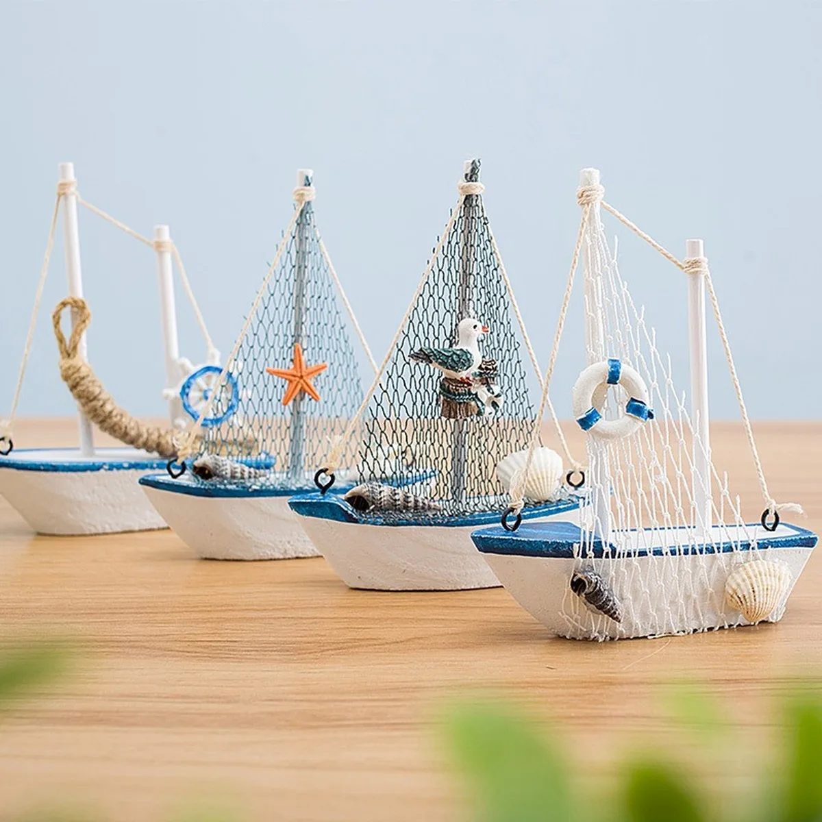 Mediterranean Mini Sailboat Model Wood Nautical Decor 4pc Sets 14cm 15cm 17cm