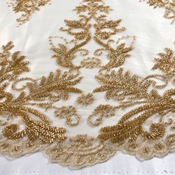 La Belleza beautiful Gold  lace fabric special disign, heavy beaded wedding prom dress lace fabric 47'' width 1 yard