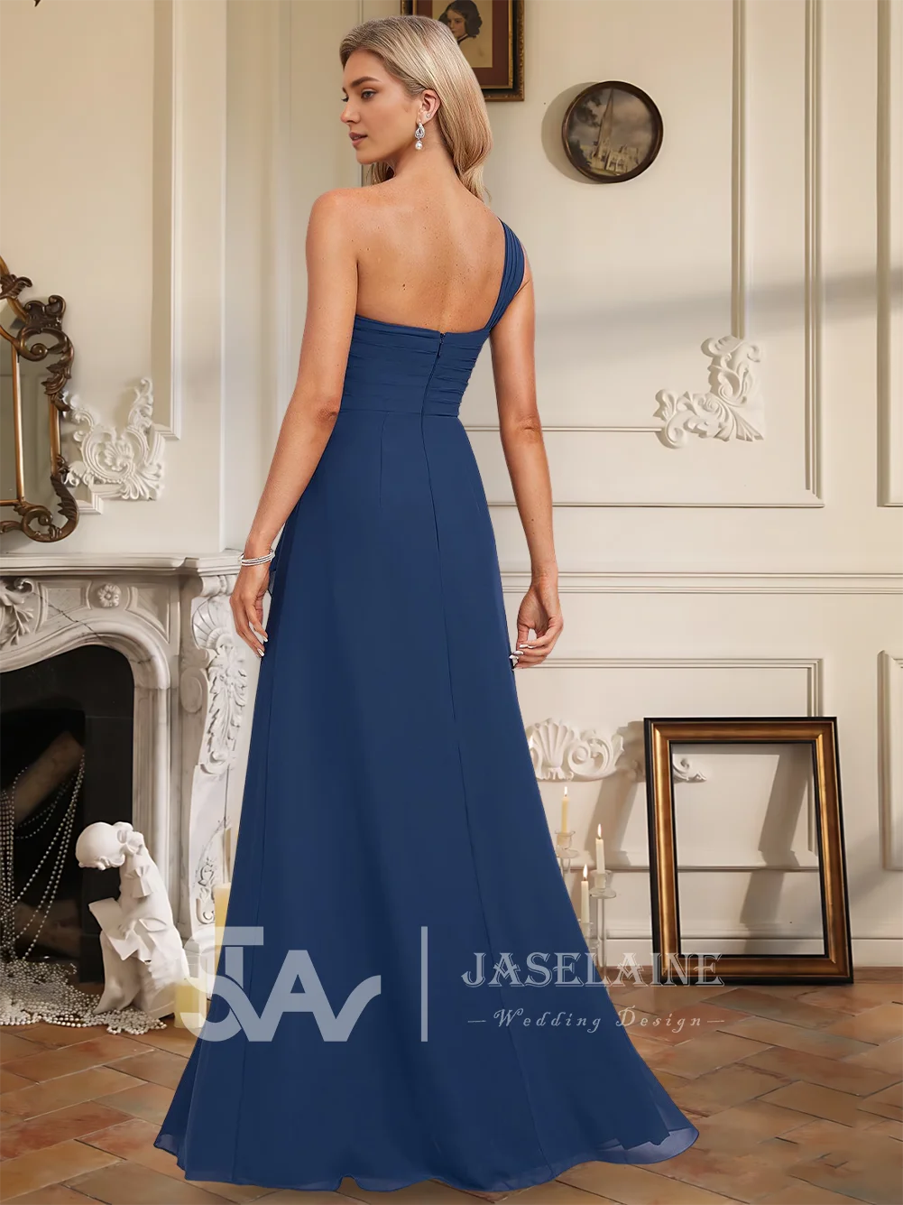 

B Women A-Line Chiffon Bridesmaid Dresses Floor-Length One Shoulder Sleeveless Ruffle Wedding Party Evening Cocktail Women