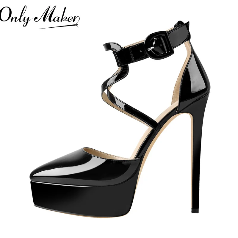 Onlymaker Women Platform   Pointed Toe Black Patent Leather Thin High Heels Criss Cross Buckle Strap Big Size Shoes