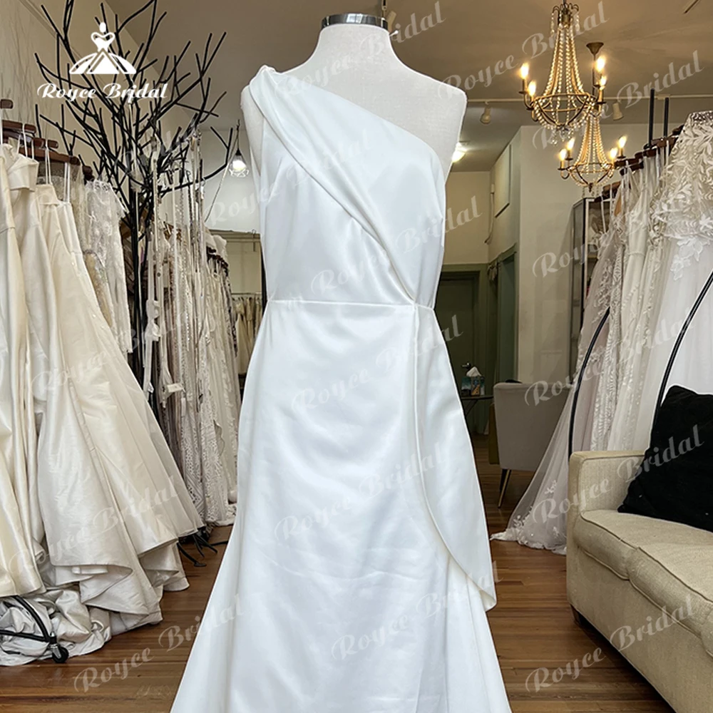 Einfache sexy eine Schulter Falten Satin Meerjungfrau Brautkleid für Frauen Boho Brautkleider Sweep Vestidos de Novia Robe de Mariée