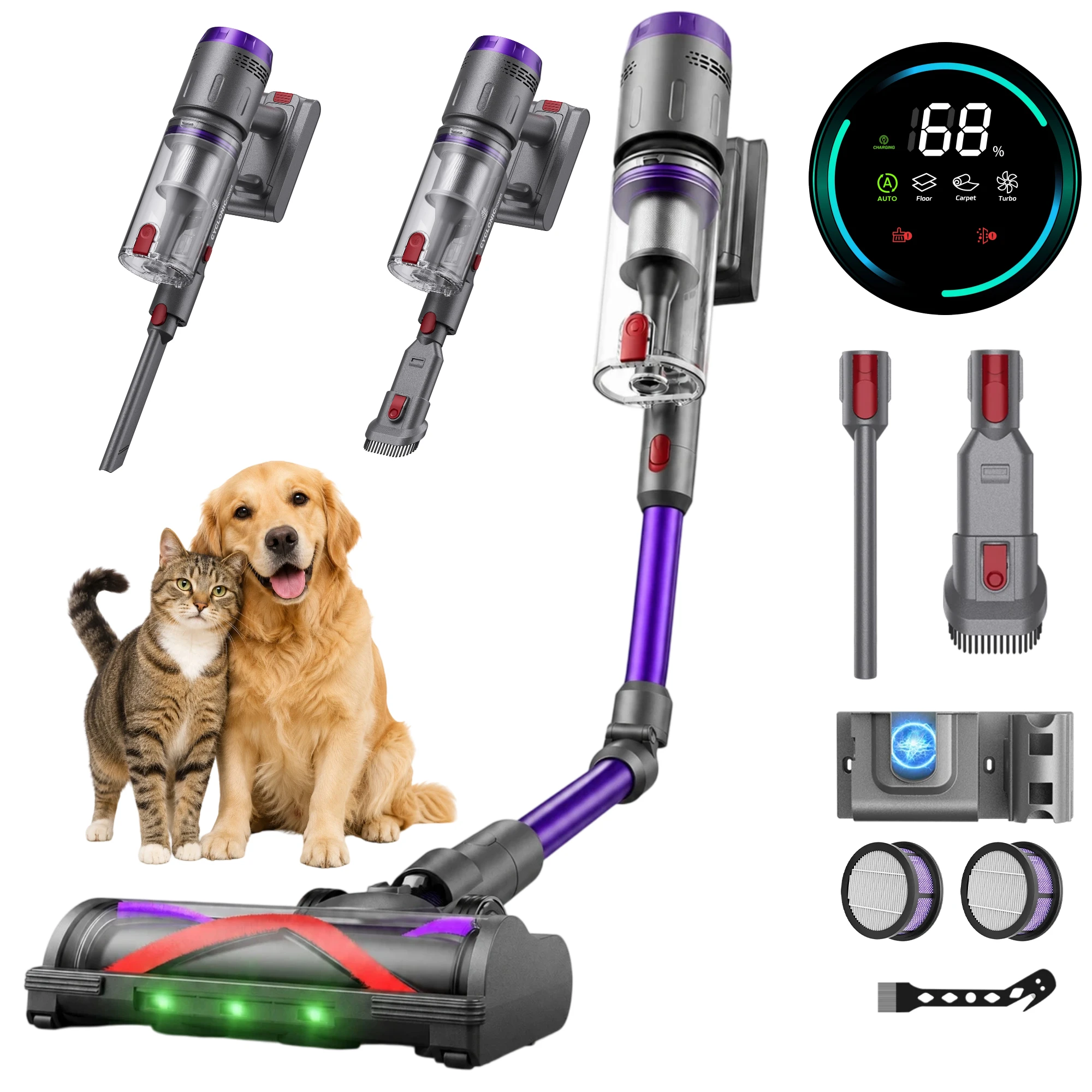 Aspirapolvere senza fili S1 Flex 58 kPa, motore brushless 600 W, fino a 75 min di autonomia, ≤62 dB, filtrazione HEPA a 6 stadi, luce LED, spazzola a 