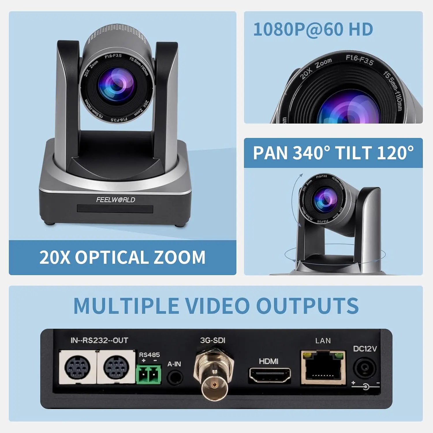 FEELWORLD POE20X Live Streaming PTZ Camera 20X Optical Zoom 1080P 3G SDI HDMI PoE Low Light Correction for Church Events