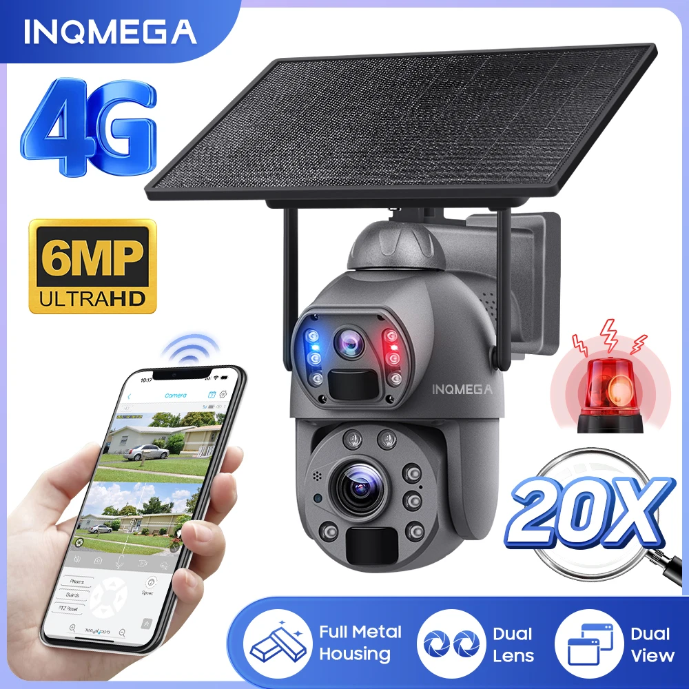 INQMEGA 6mp 4G SIM Solar Camera Outdoor Wifi 20x Zoom Dual View Solar Panel Security Camera PTZ Camera Dual PIR Human Detection