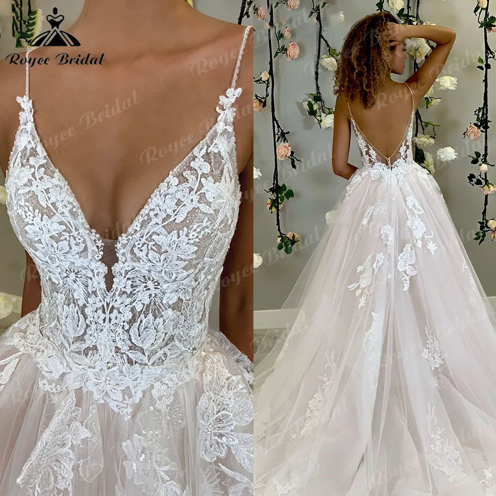 Robe Mariee Sexy Boho Glitter Lace Beach V neck Wedding Dress for Women 2025 Spaghetti Straps Bridal Gown Customized Open Back