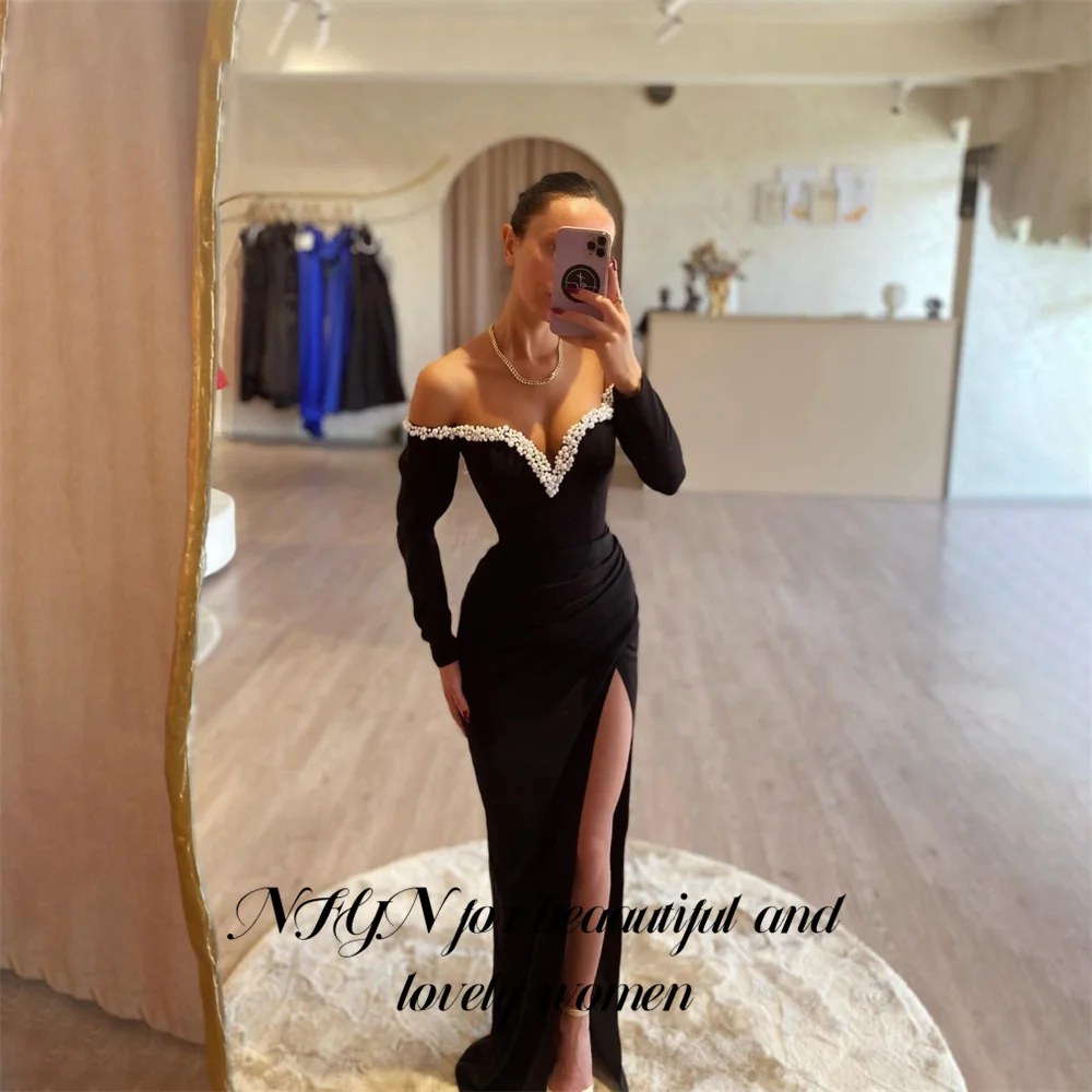 NFYN Black Mermaid Formal Dress Pearls V Neck Full Sleeve Party Dress for Wedding Side Split Special Occasion Dress Customized