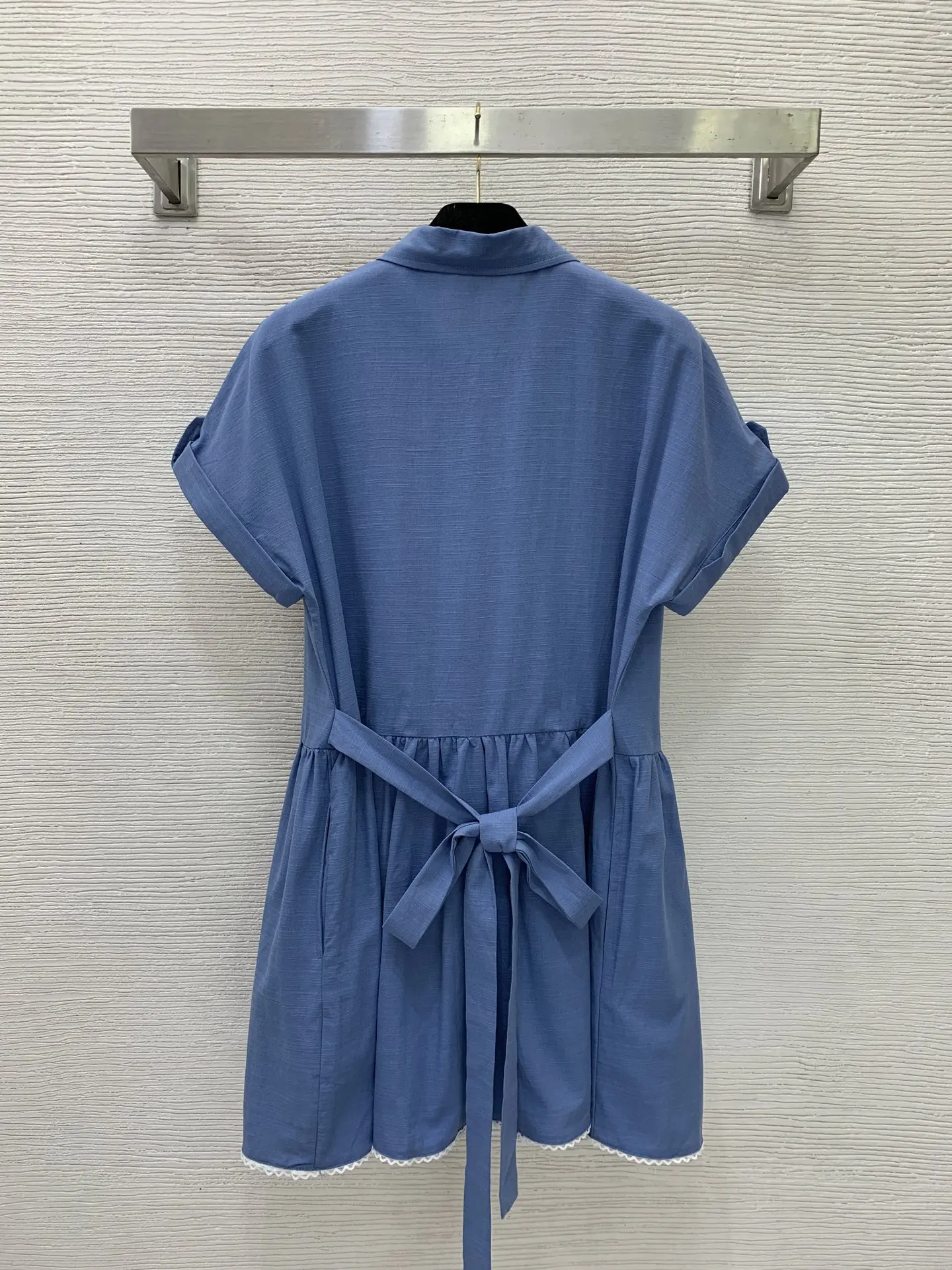 

2026 Summer Women's Collared Rolled Sleeve Shirt Dress Back Tie Waist Lace Hem Mini Dress ZX18583
