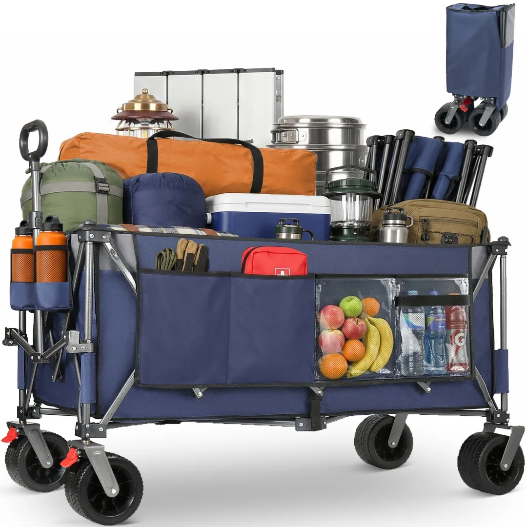 Vouwwagen met 420L capaciteit, met achterklep, grote terreinwielen, duurzame inklapbare kar voor transport van boodschappen, op het strand, in de tuin en buitenshuis.