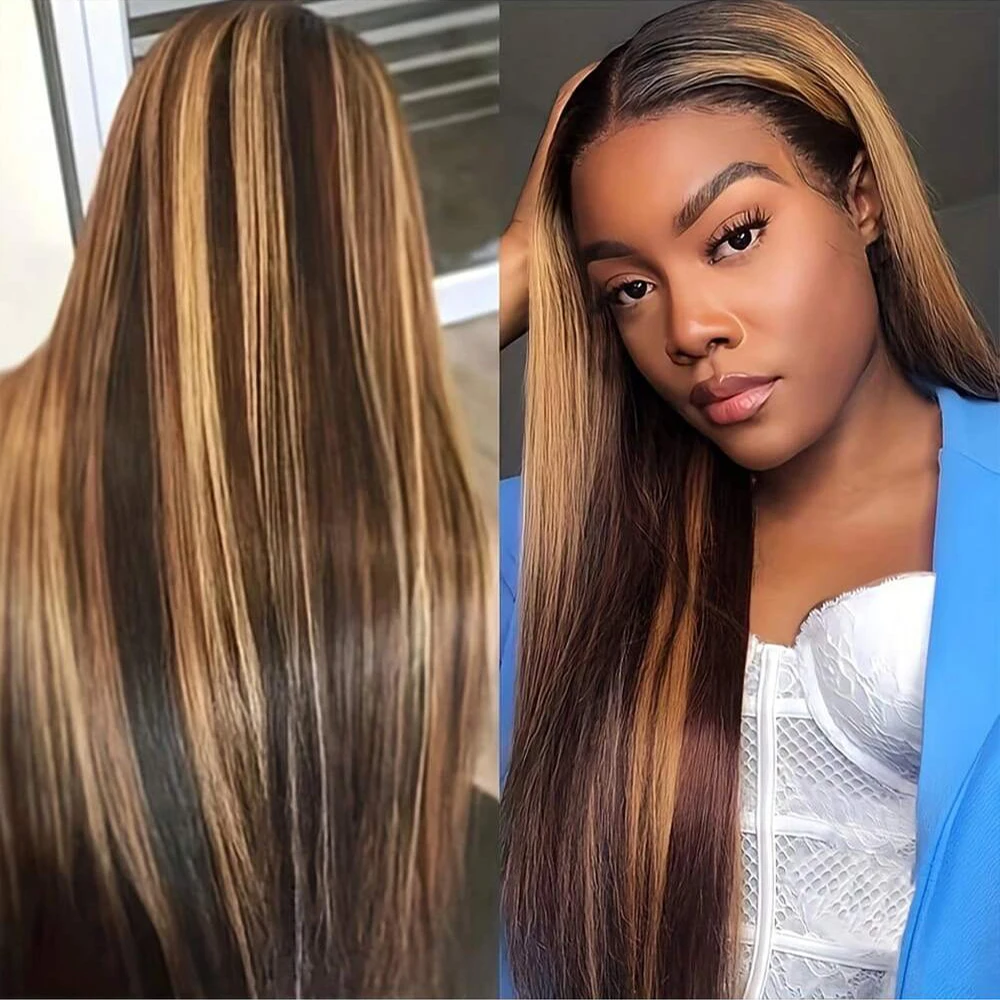 34 بوصة 4/27 تسليط الضوء على العظام مستقيم 250% الكثافة 13x4 HD الدانتيل الباروكات الأمامية شعر الإنسان العسل شعر مستعار بشري أشقر للنساء