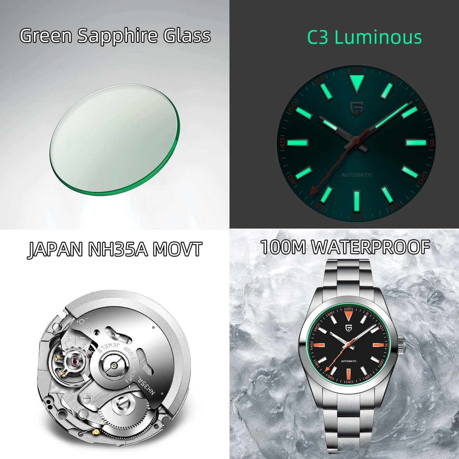 PAGANI DESIGN Green Glass Sapphire Men\'s Mechanical Watches Luxury Automatic Watch For Men NH35A Stainless steel Diving Clock