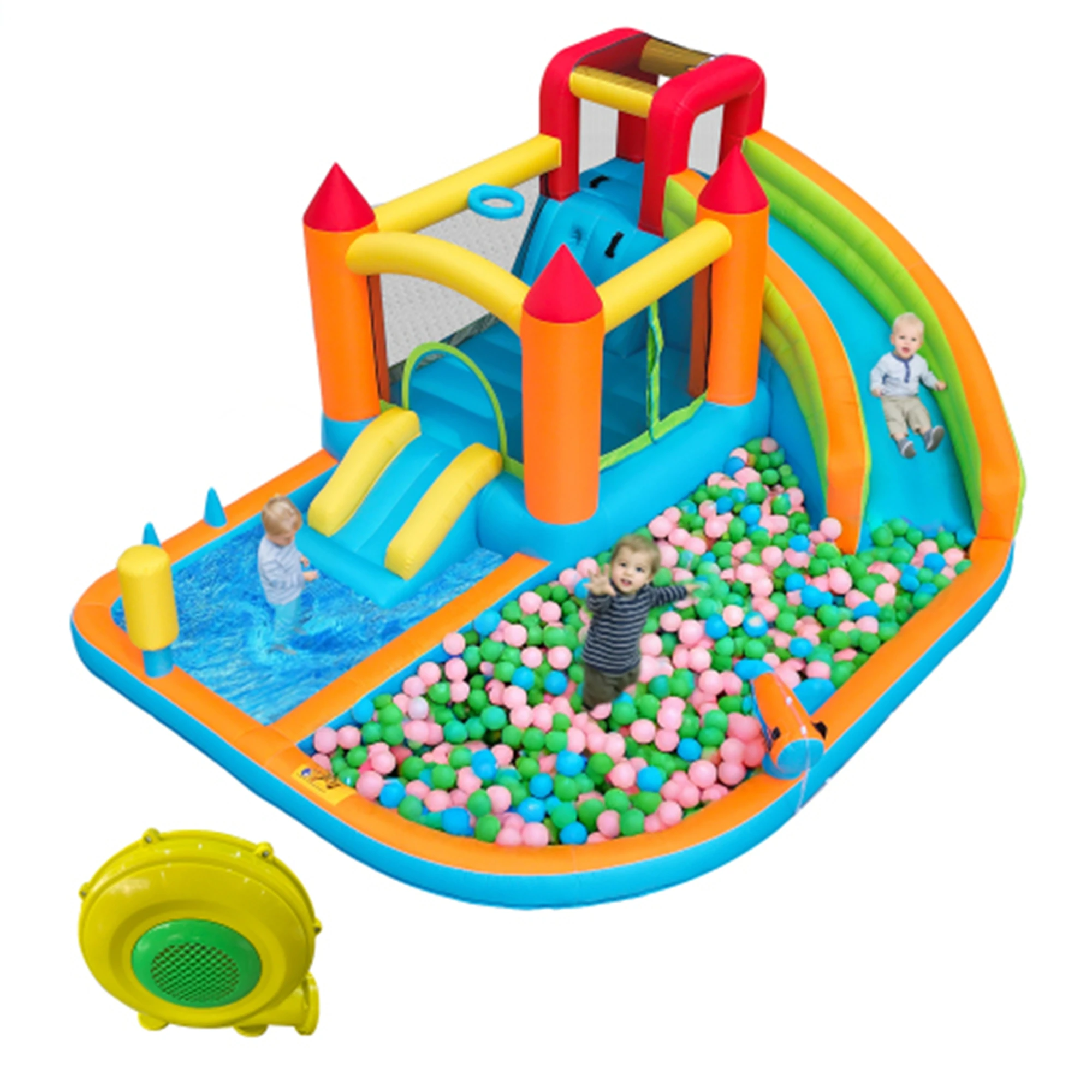 [Château gonflable d'extérieur multifonction] Avec souffleur, toboggan aquatique + trampoline + panier de basket + canon à eau,