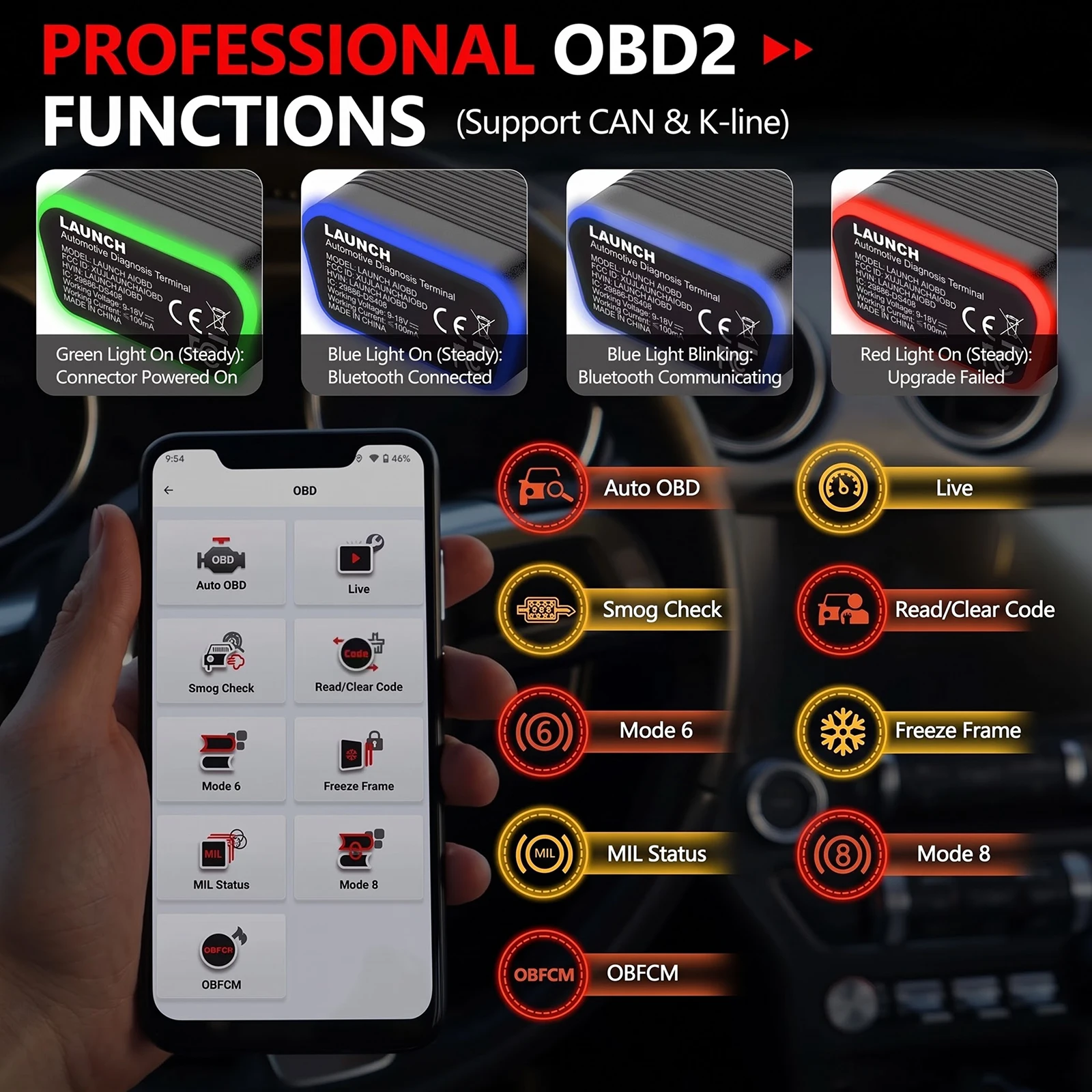 2025 LAUNCH AIOBD Bluetooth Car Diagnostic Scanner, Full System Scan & AI Report OBD2 Code Reader or Android IOS System