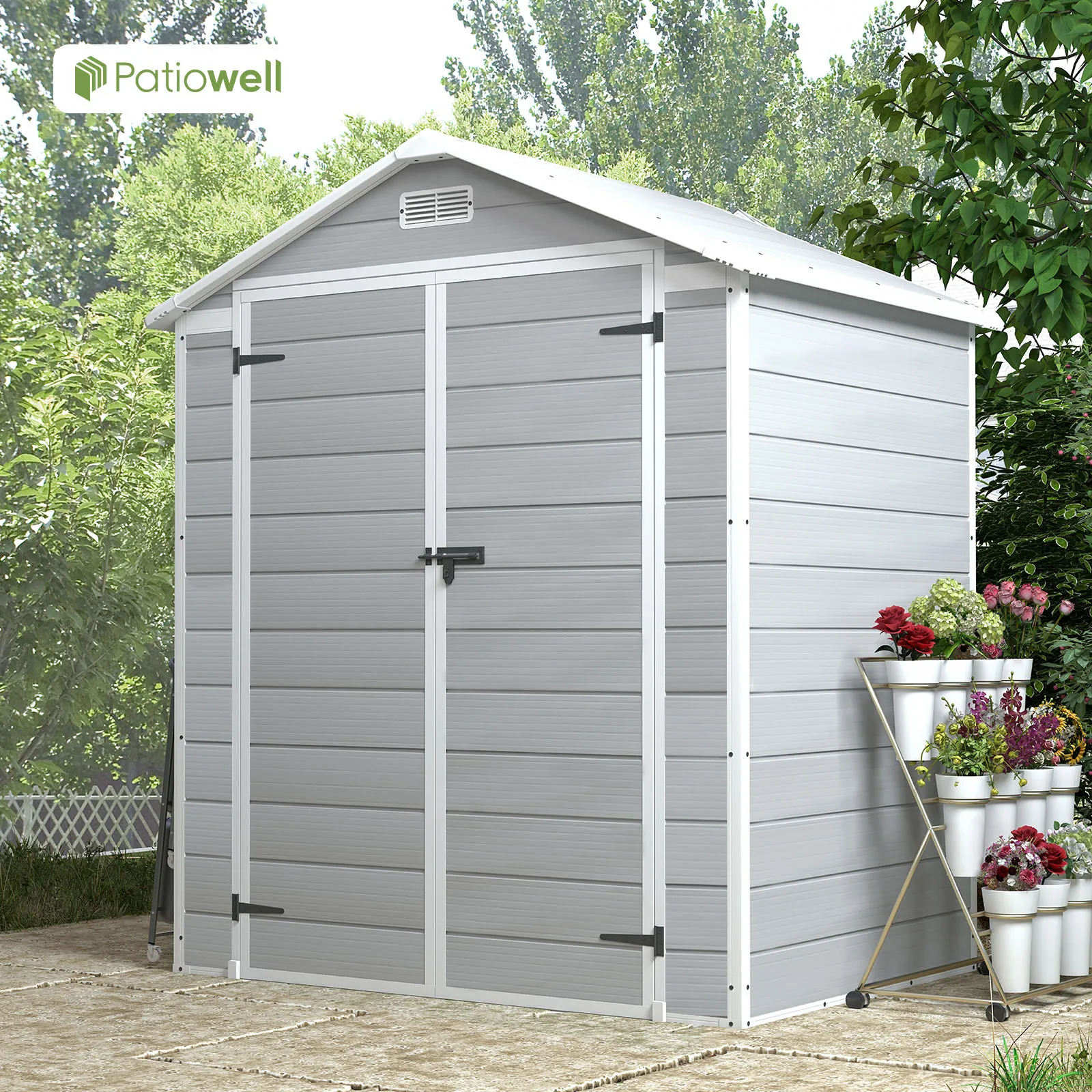 

Patiowell 6x4 FT Outdoor Storage Shed, Resin Storage Shed with Floor & Lockable & Window Door for Patio Furniture Garden Tools