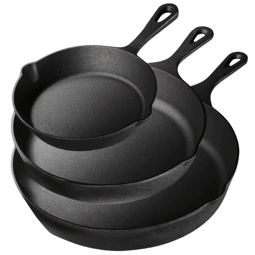 3PCS Cast Iron Skillet Set 6/8/10 Inch, Pre-Seasoned Heavy Duty Frying Pans for Stove Oven Grill Campfire Cooking