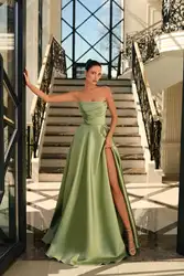 Vestidos de baile em cetim sem alças para mulheres, vestido formal de noite, plissado de fenda alta, vestido de baile nupcial elegante