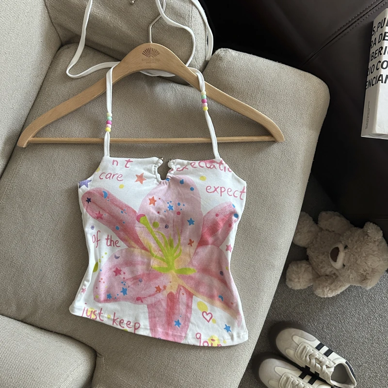 

Женский жилет с лямкой на шнуровке и белым цветочным принтом 90-х Y2k Sexy Hot Girl American Slim 2000-х Эстетический интегрированный топ с нагрудником