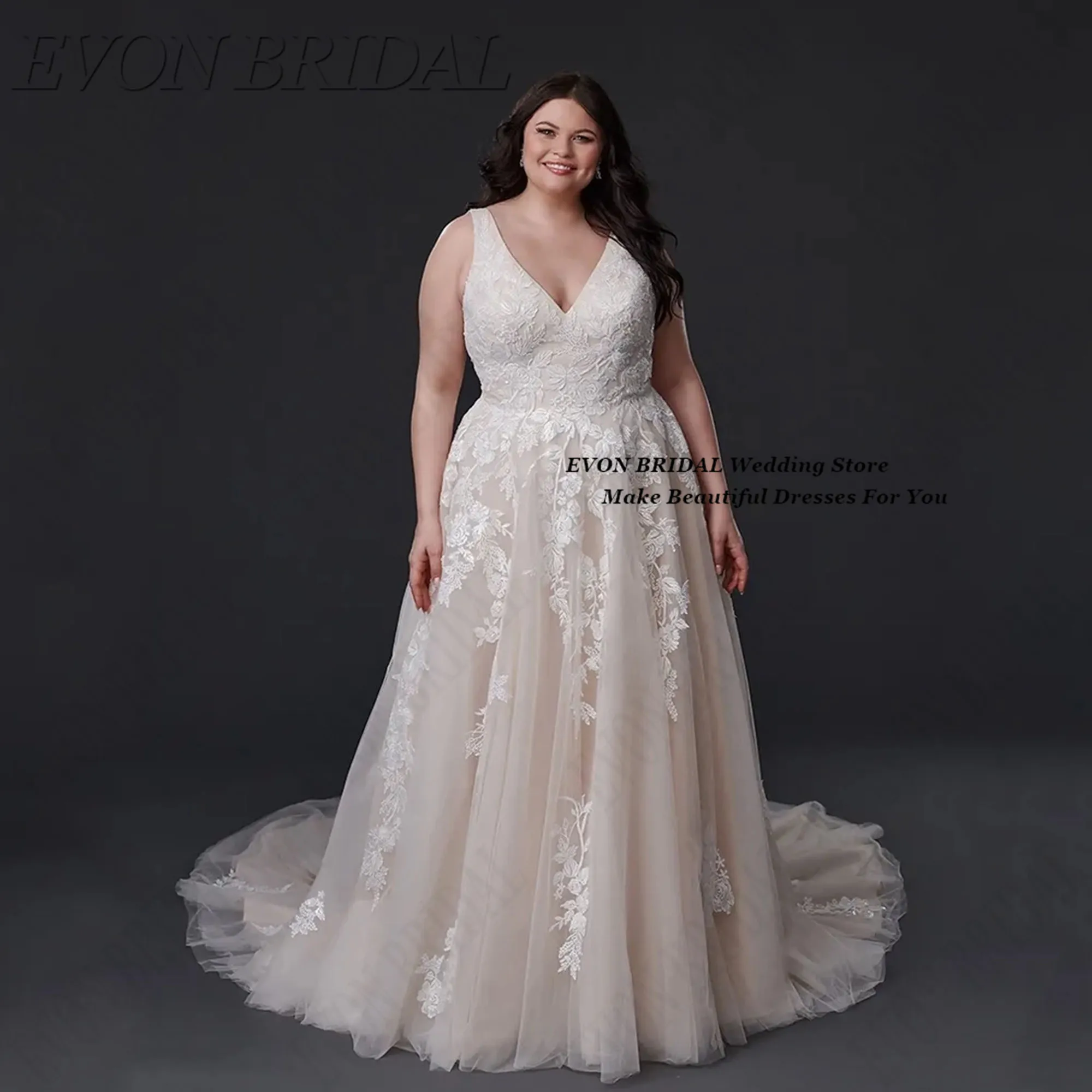 

Tulle Lace Appliques Plus Size Wedding Dress For Bride Backless Civil Vestidos De Novia Long Bride Dress EVON BRIDAL Customized