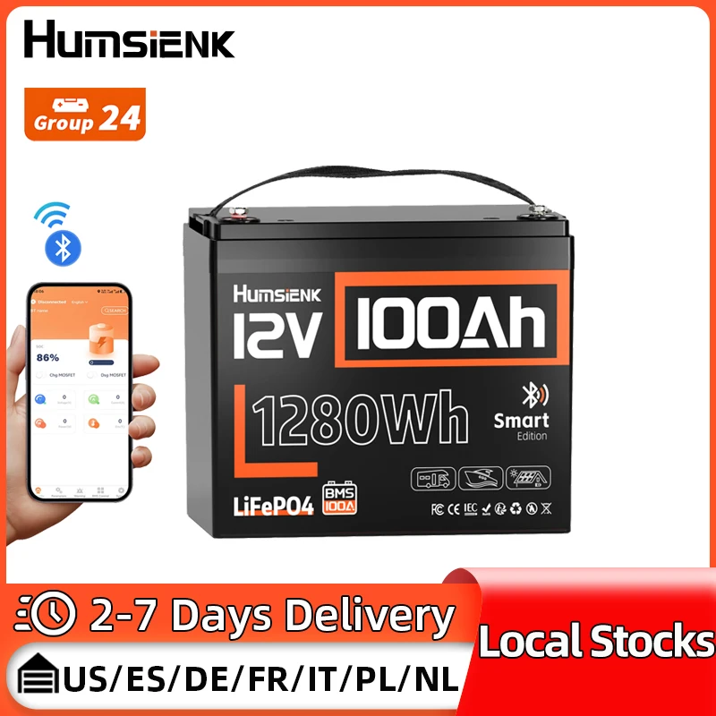 

Humsienk Smart Bluetooth 12V100Ah LiFePO4 Lithium Battery Rechargeable Grade A+ Cell For RV Camper Solar Golf Carts Marine, etc