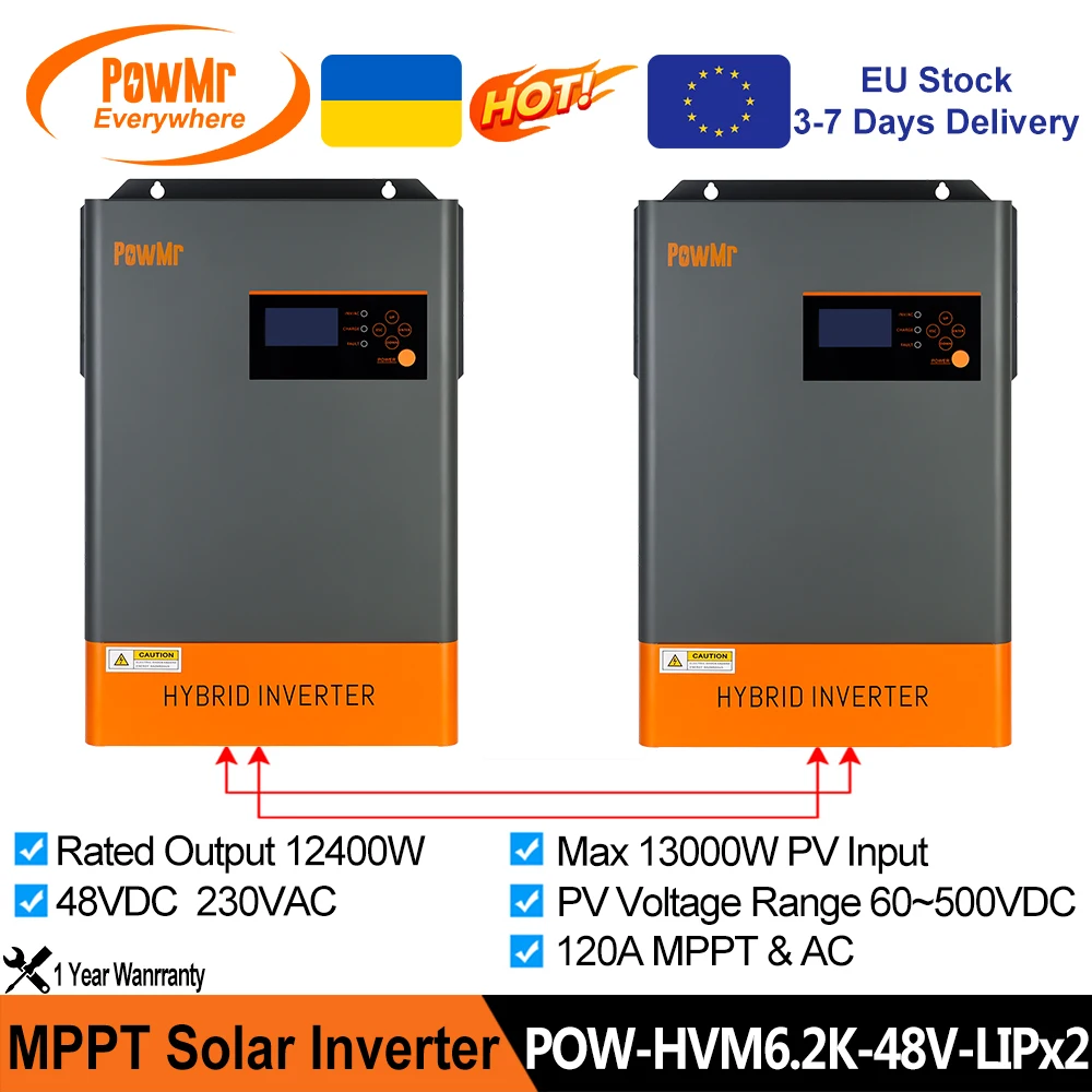 PowMr 12.4KW 48V 230VAC Hybrid Solar Inverter Max 500VDC PV Input Pure Sine Wave Inversor With 120A MPPT Solar Charge Controller