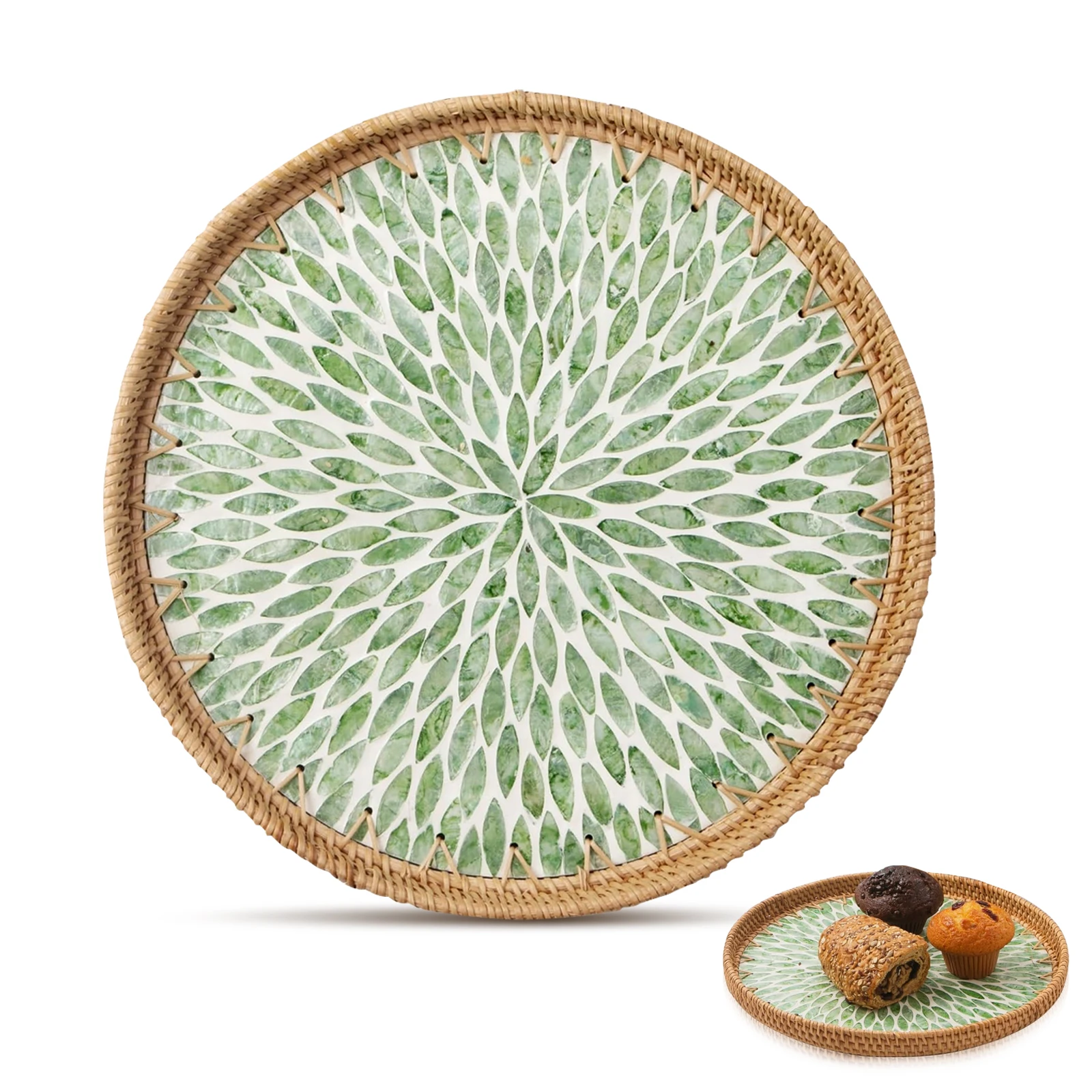 Tablett aus rundem Rattan mit Perlmutt-Inlay, Couchtisch-Dekoration, Korbtabletts für Brot, Obst, Kaffee, Blatt