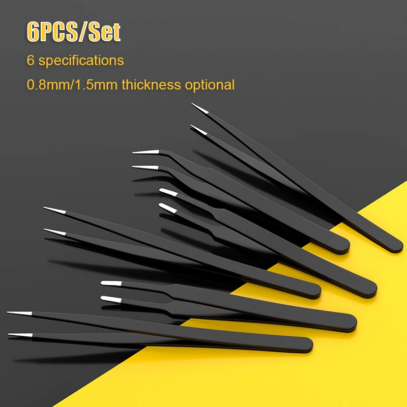

6 шт./компл., набор прецизионных антистатических пинцетов ESD, набор электронных ремонтных процессов, моделирование, гибка и остановка, пинцеты, инструменты для ремонта 0,8 мм/1,5 мм