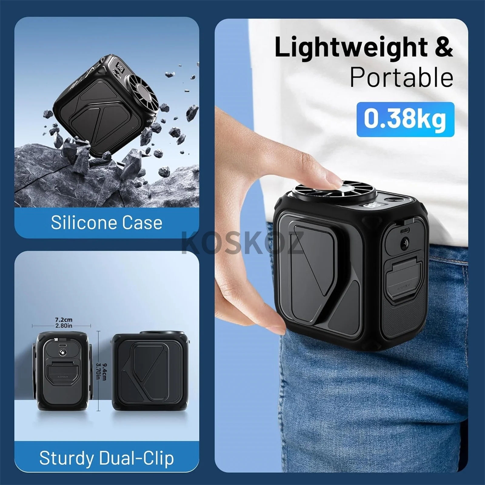 Портативный поясной вентилятор с зажимом, фонарик, вентилятор под рубашку с 5-скоростными портативными персональными шейными вентиляторами без помощи рук для путешествий на открытом воздухе