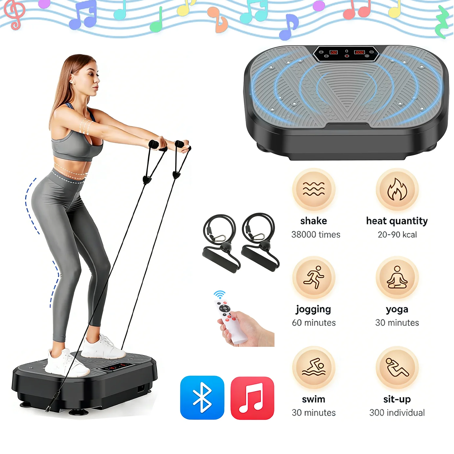 Plateforme vibrante de 250 kg de capacité, machine d'entraînement corporel complet à 120 vitesses avec 10 modes et bandes de résistance pour la combustion des graisses et le tonification musculaire