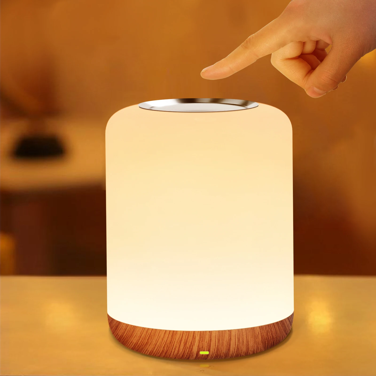 Lureshine Touch-Control LED-nachtlampje, draadloos USB-oplaadbaar bedlampje, RGB-kleurveranderend en dimbaar draagbaar tafellampje met houten voet en geheugenfunctie voor woonkamer en slaapkamer