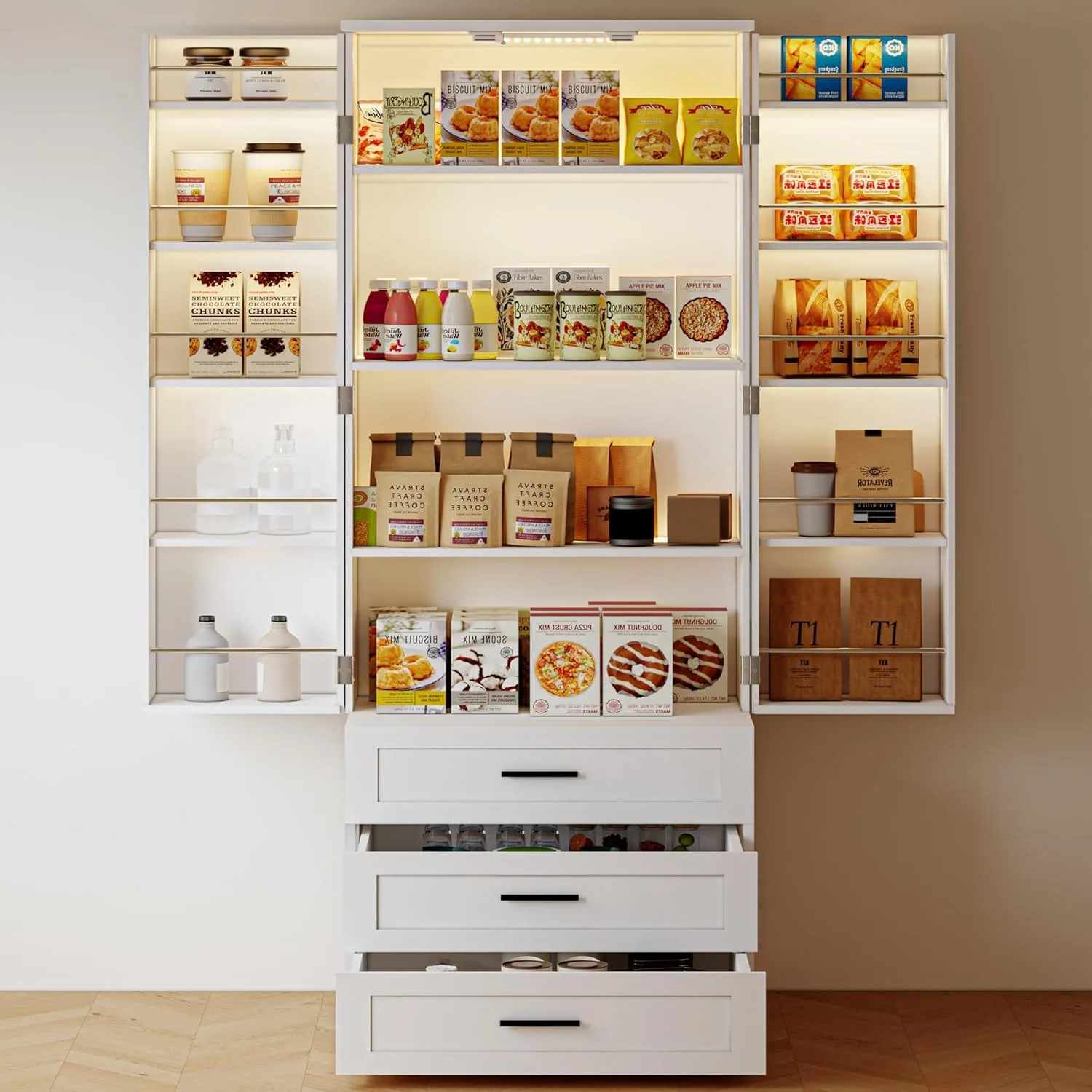 72" LED Kitchen Pantry Cabinet with 3 Drawers Farmhouse Tall Storage Cabinet Wood Food Pantry with Barn Doors and Adjustable She