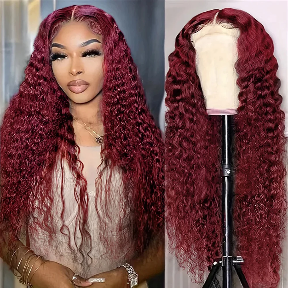 Perruque Lace Front Wig Naturelle Bouclée, Cheveux Humains, Couleur Bordeaux 99J, HD 13tage, Pre-Plucked