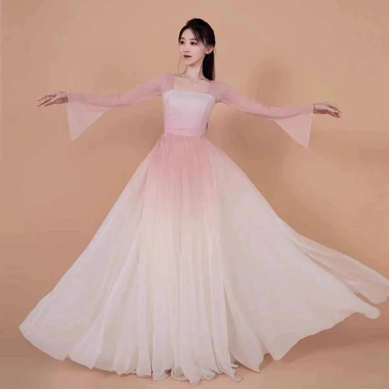 Chinese Dance Dress Women Classical Dancer Performance Costumes Elastic Practice Clothes Gradient Pink Dance Costume Plus Size