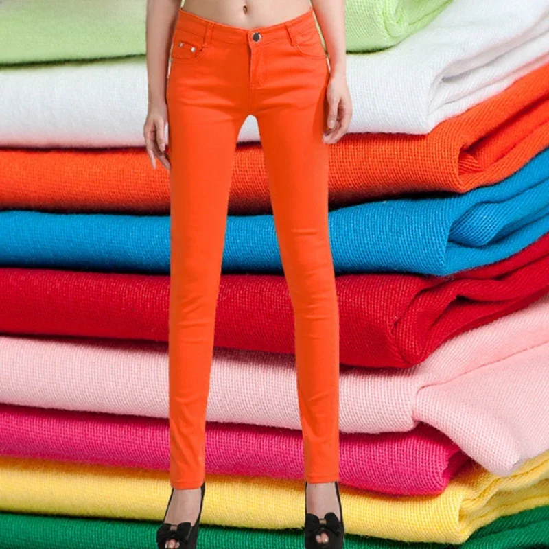 Spodnie damskie Candy Color Spodnie ołówkowe Wiosna Jesień Eleganckie spodnie biurowe ze średnim stanem dla kobiet Wąskie spodnie jeansowe skinny damskie — zdjęcie 2