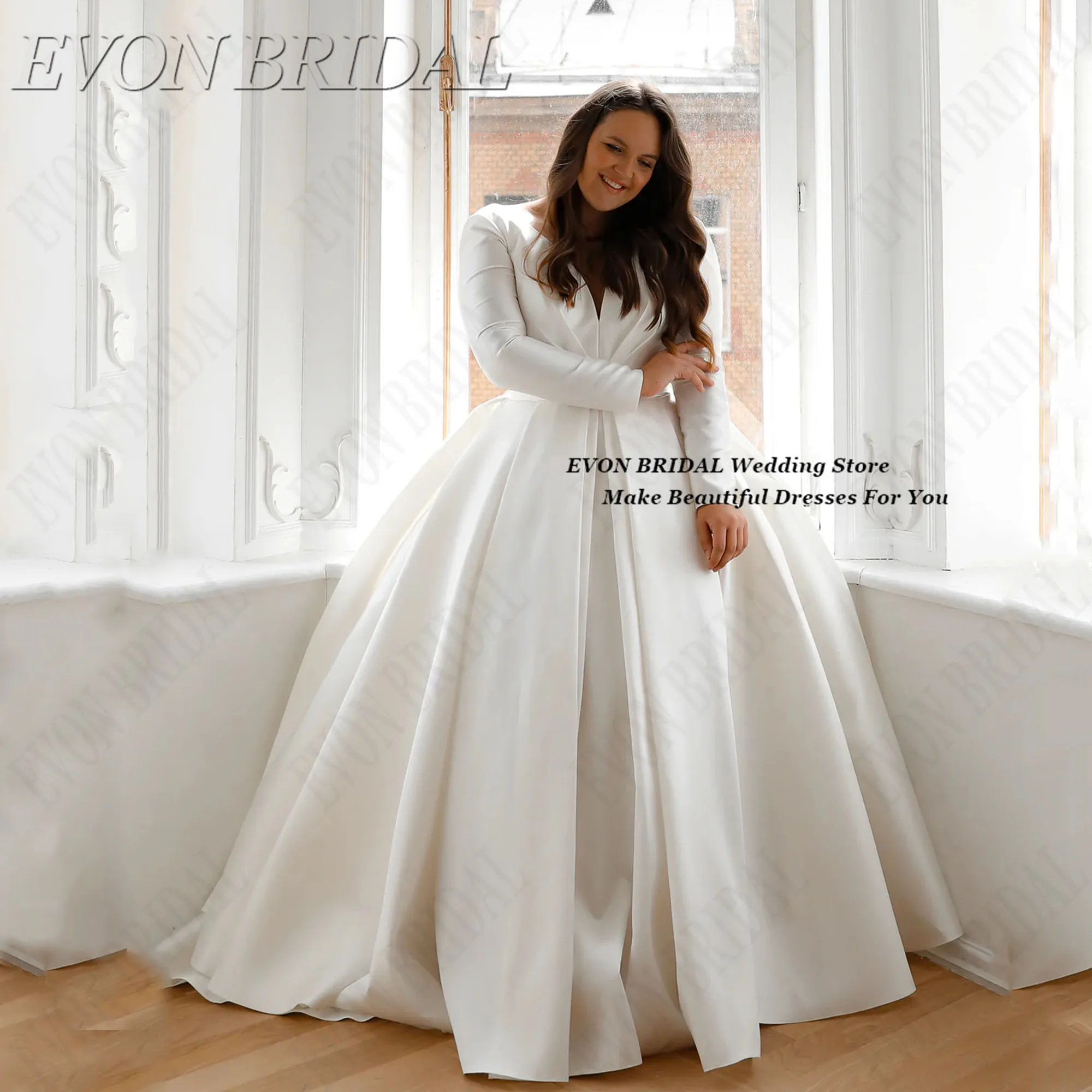 

Customized Oversize Satin Wedding Dress Long Sleeve Simple Bridal Gowns Boho A-Line V-Neck Classic Robe De Mariée EVON BRIDAL