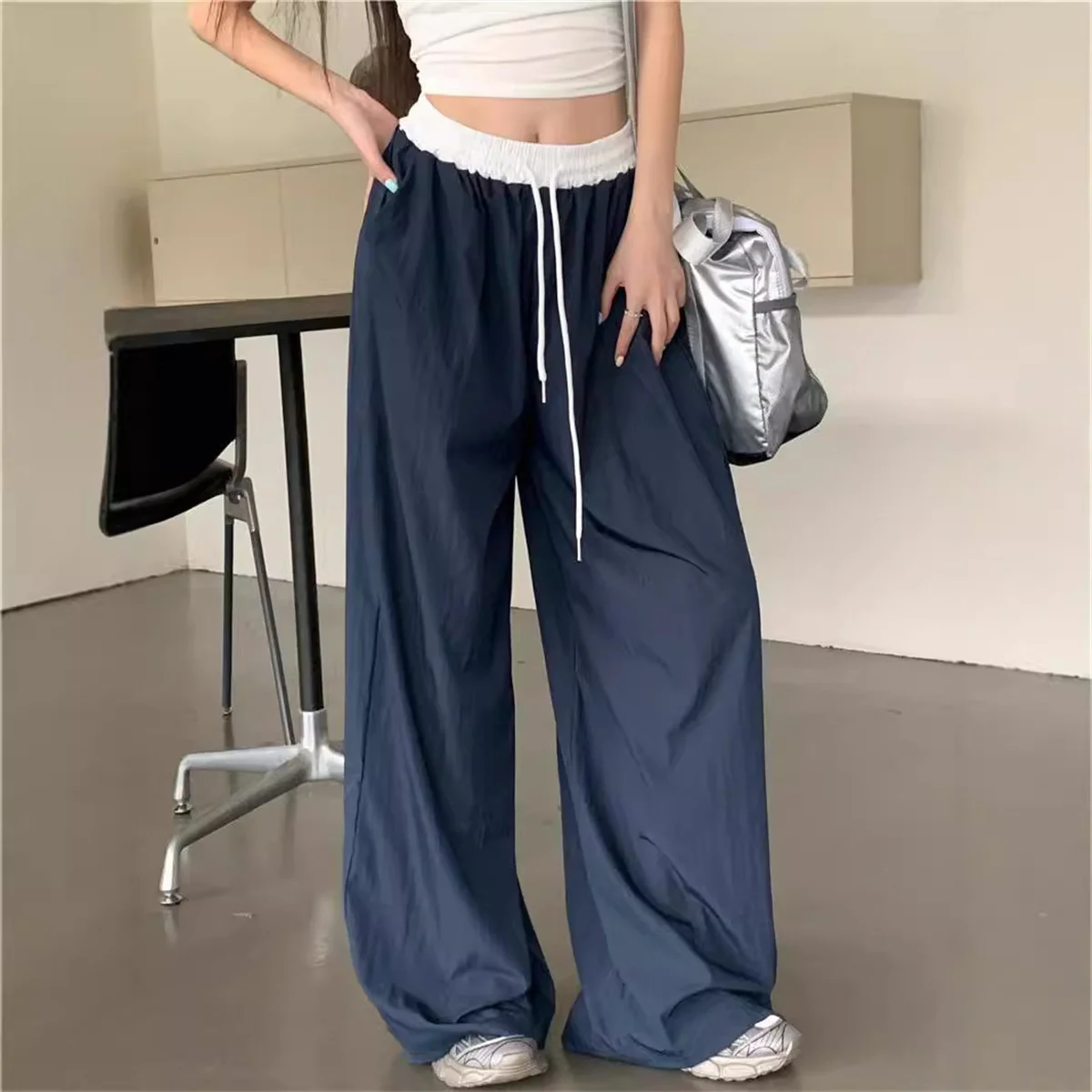 High Street Women's Wide Leg Pants Stripe Drawstring Y2K Gothic Hip Hop Cargo Pants Hotsweet Matching Female Trousers Summer New