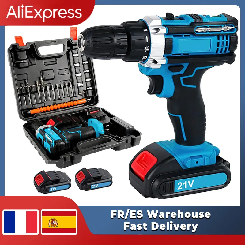 21V Cordless Electric Hand Drill 1800rpm Brushed Pistol Impact Drill 3/8