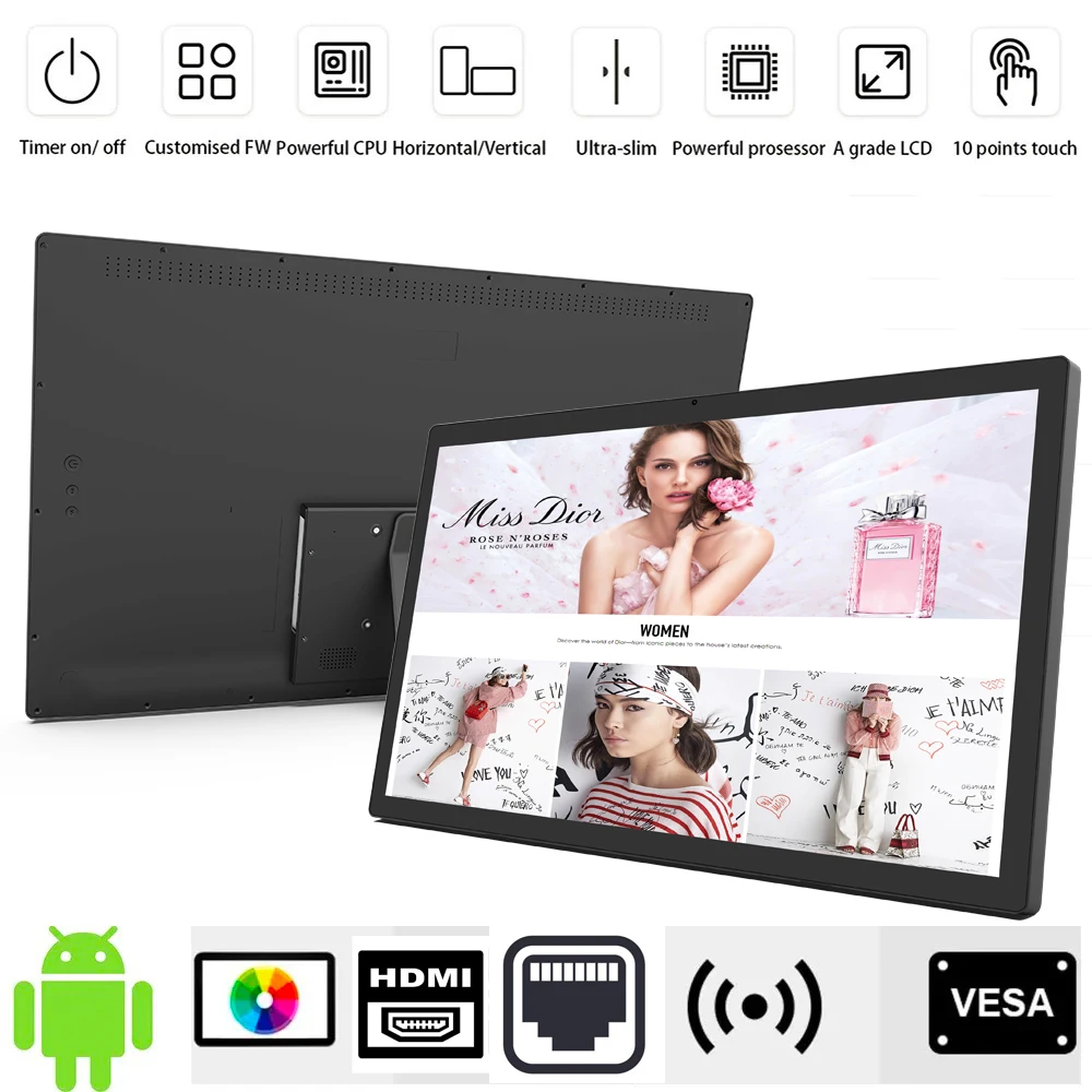 Pantalla táctil de 32 pulgadas para android, señalización digital montada en la pared, Rockchip3399, HEXA core, Android 11, wifi, RJ45, Bluetooth, i/o rico