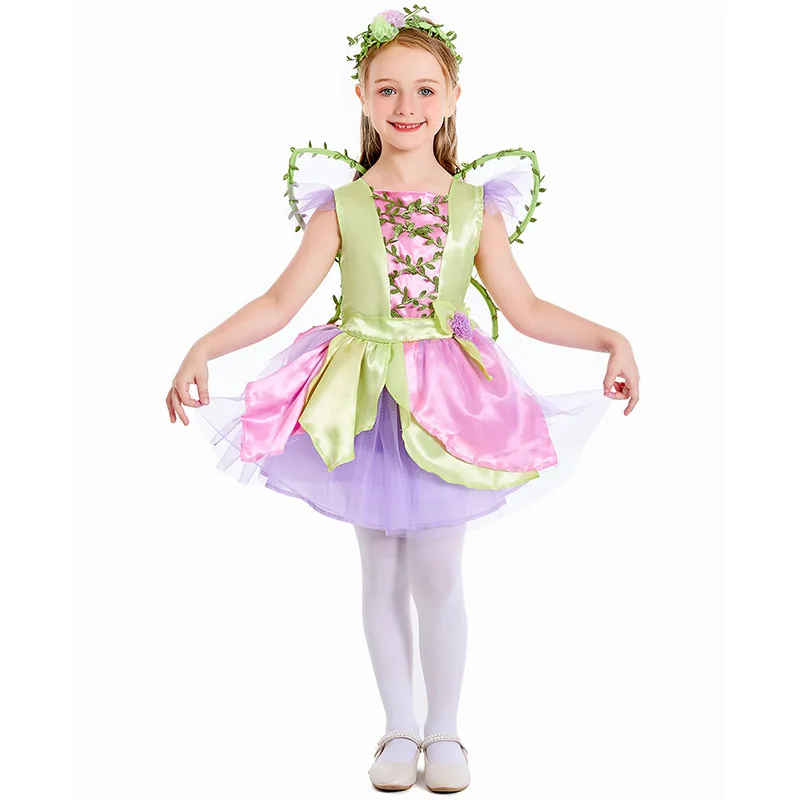 Girls Pink Tinkerbell Ball Gown Fancy Dress Halloween Costume Springtime Fairy with Wings Child Costume