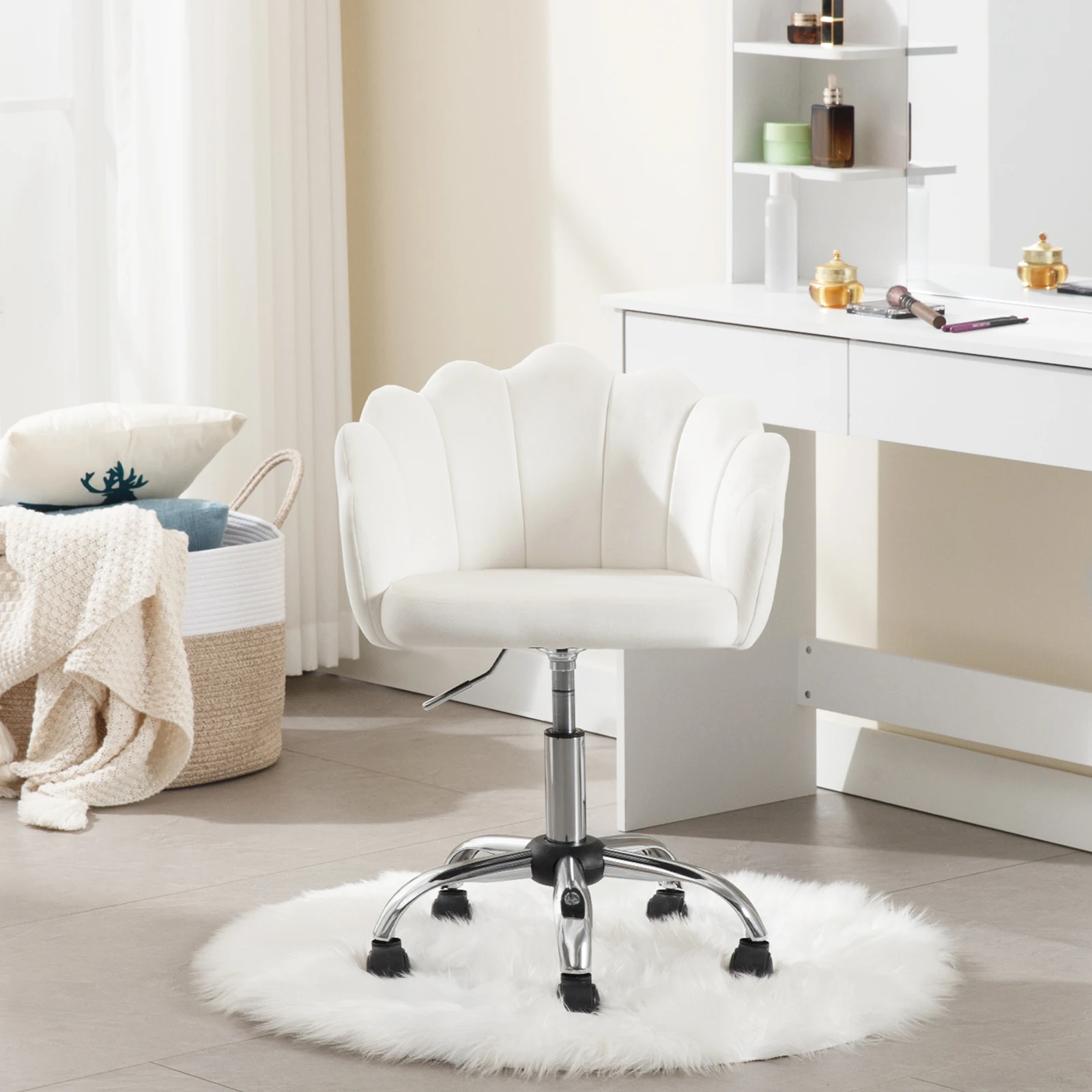 Velvet Swivel Dressing Chair Ergonomic Desk Chair with Petal Backrest Wheels Height Adjustable Shell Armchair