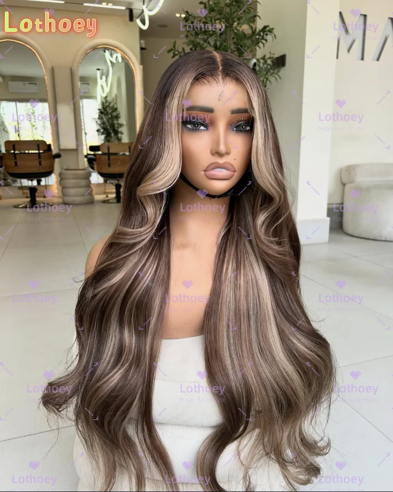 

Long curly hair body wave wig lace front wig highlight natural brown wig silk base wig natural wig for women