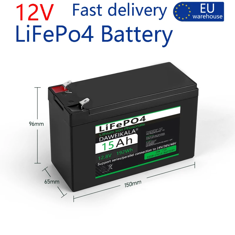 12V 15Ah LiFePO4 Batterie 12,8V Wiederaufladbare Lithium-Eisenphosphat-Batterie mit eingebautem BMS EU-Lager für Solarsysteme, USV, Notstromversorgung, Überwachung, Sprühgeräte, Kinderspielzeugautos,