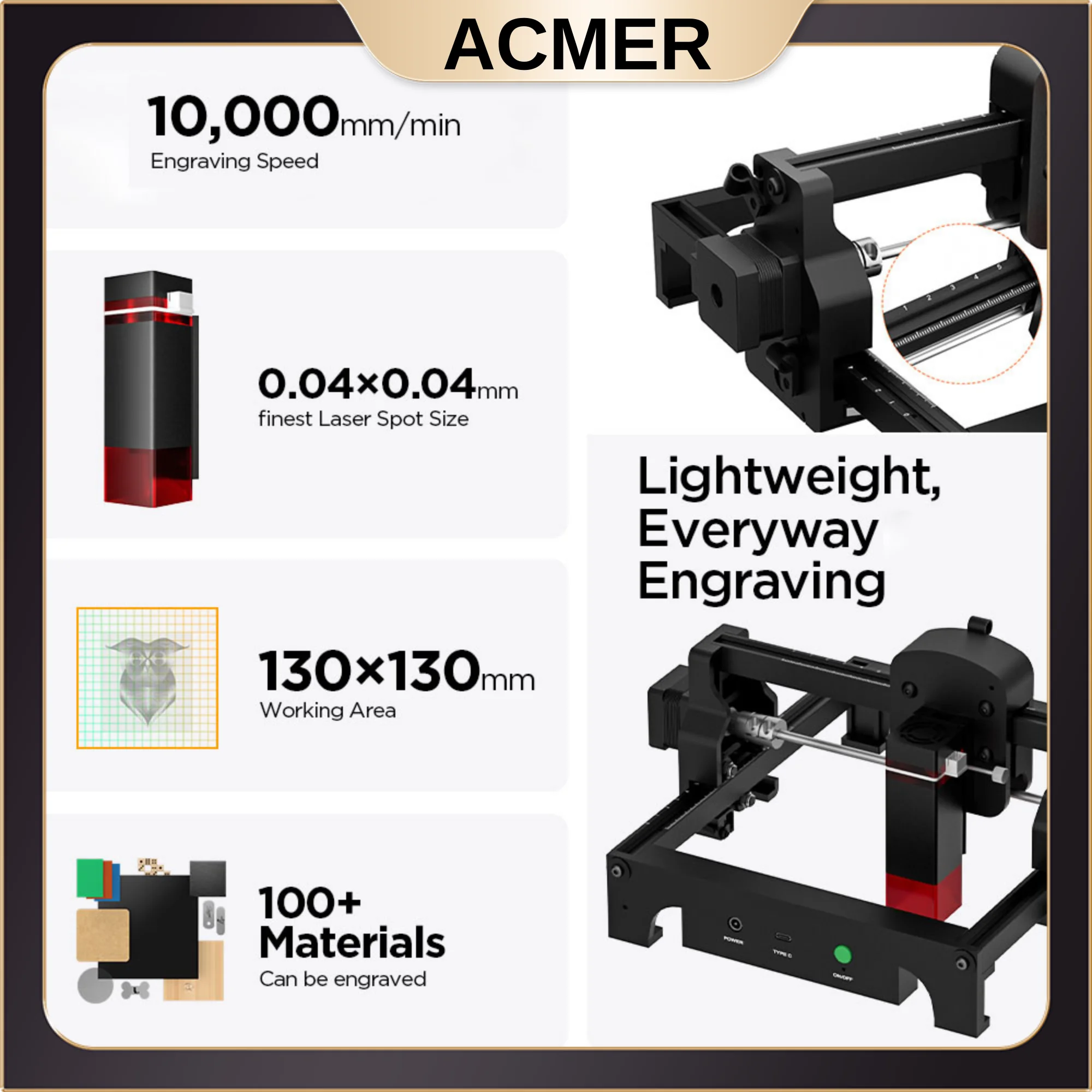 ACMER S1 Laser Engraver 3.5W High Precision Cutter for Wood  Metal Acrylic 130x130mm   Class 4 Safety Portable DIY Craft Machine