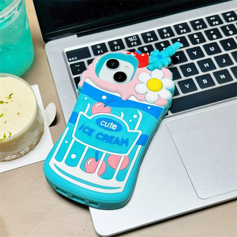 Japan and South Korea stereo cherry ice cream for iphone14 15 promax cute 11 12 13 Pro silicone anti-fall phone case