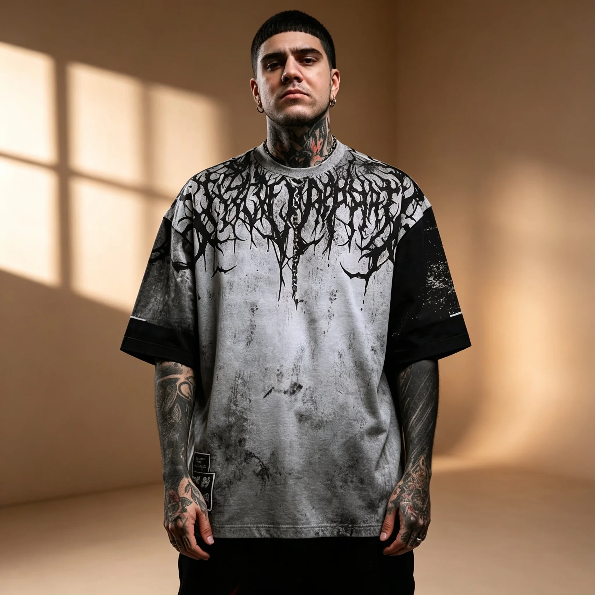Herren Vintage Washed Distressed T-Shirt mit Dornen-Gothic-Print, Oversized, locker geschnitten, Kurzarm, Streetwear, Punk-Tee-Top – Detail 4